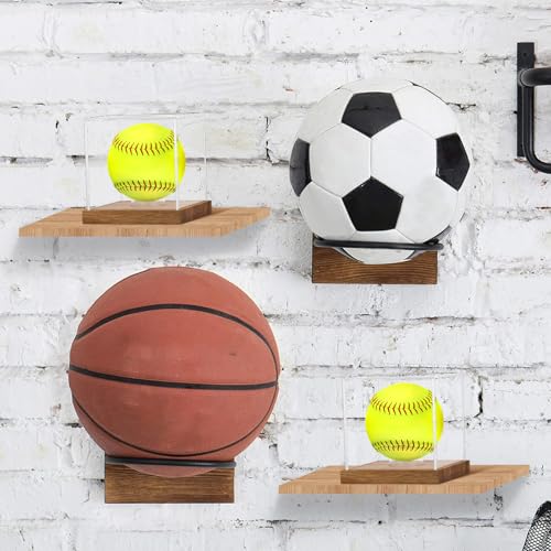 Image of 2 Pack Clear Acrylic Softball Display Case with Wood Base, Memorabilia Stand Cube Holder, Dust Protection Transparent Storage Box for Single Ball Souvenir Softball Collections