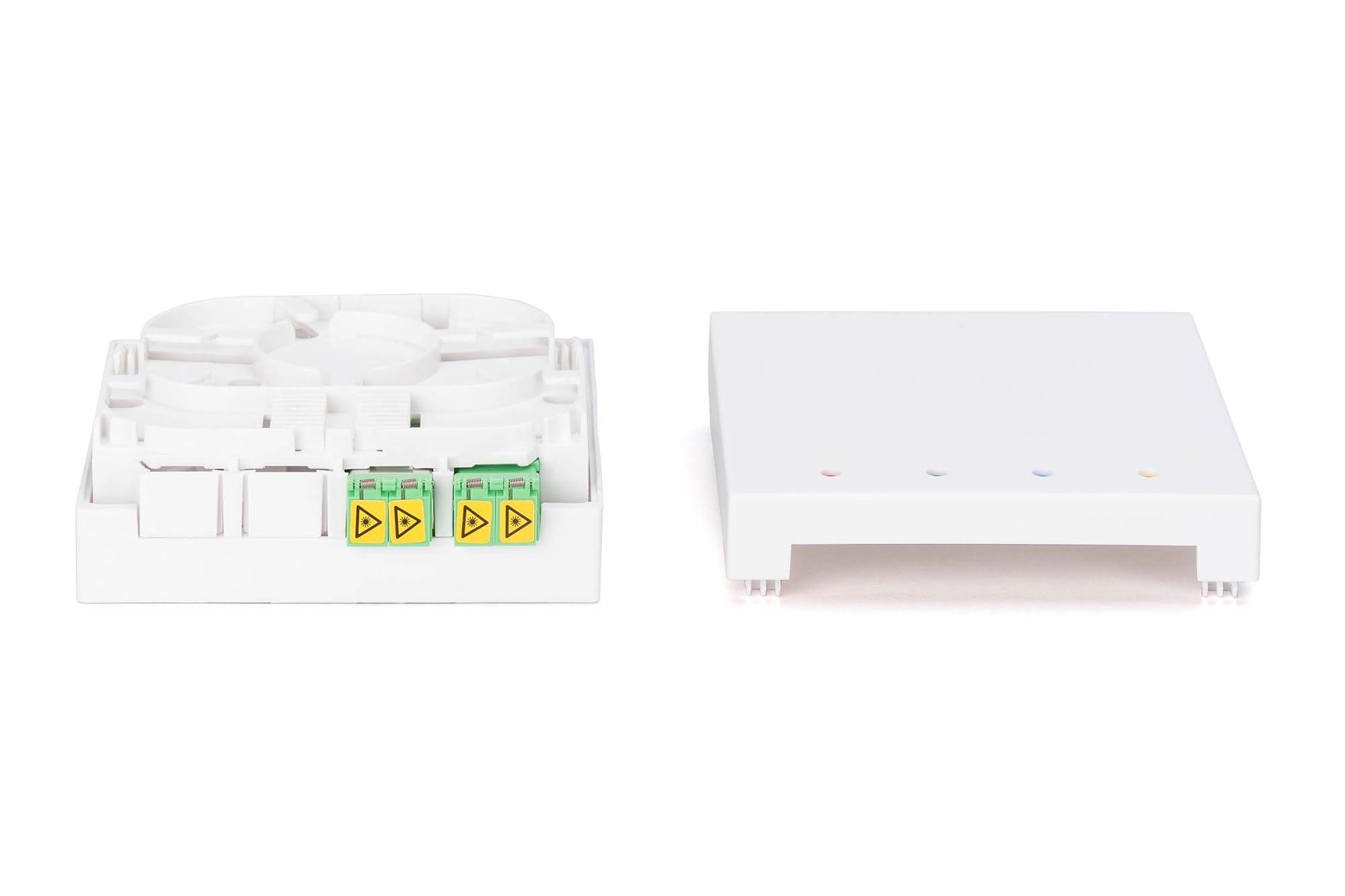 DIGITUS Caja FTTH - 2X LC/APC Dúplex con obturador - Fibra óptica monomodo - Caja de empalme de fibra óptica integrada - Clase de protección IP45 - Montaje en pared o en carril DIN - Blanco