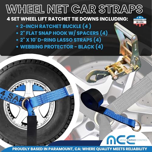 Image of Mega Cargo Control 4 Set 2 inch x 10' Wheel Lift D Ring Lasso Strap w / (4) 2 inch Ratchet, (4) Flat Snap Hook, (4) Lasso Winch Sleeve Protector - (Gift) | Ratchet Winch Tow Truck Hauling (Blue)