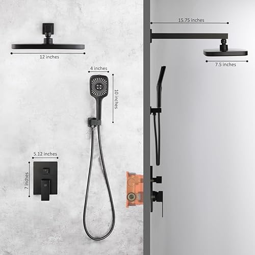 Miniatura 7 de POP SANITARYWARE Juego de grifo de ducha negro mate para baño, sistema de cabezal de ducha de 12 pulgadas, montaje en pared, accesorio de ducha de