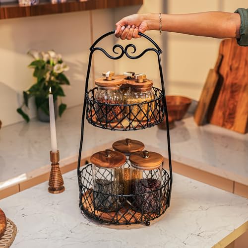 Image of Orbit Basket - Handcrafted Acacia Wood & Metal Storage Basket - Sturdy 2-Tier Organizer for Fruits, Vegetables & Kitchen Essentials