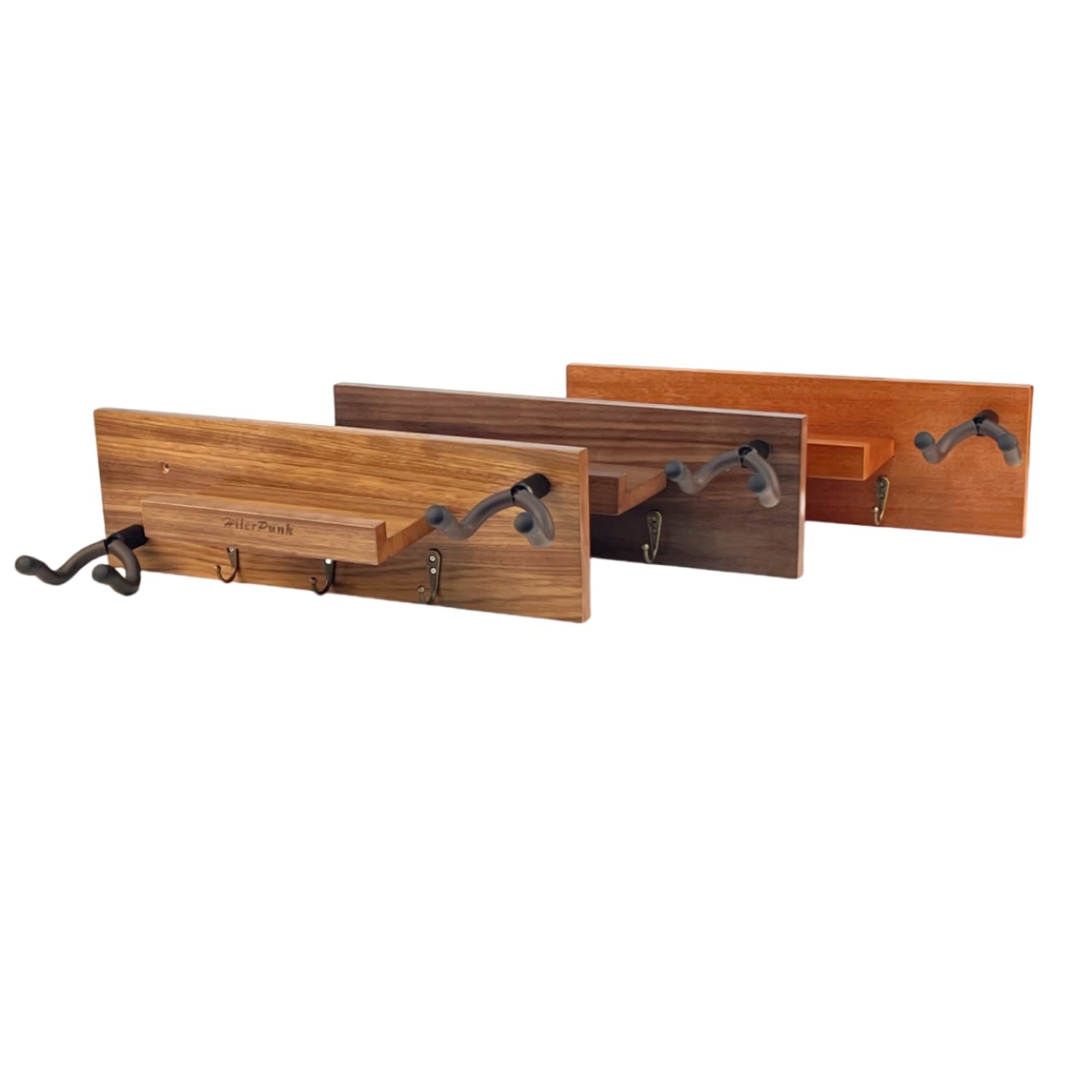 Soporte de pared para guitarra de madera maciza, colgador de guitarra con 3 ganchos de almacenamiento y 2 colgadores de goma giratorios para guitarra, con estante y soporte para púas
