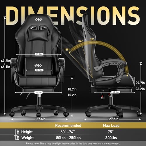Image of HLDIRECT Gaming Chair, Ergonomic Computer Office Chair with Lumbar Support Footrest Headrest, Adjustable Height & Backrest Angle Video Gamer Chair, PU Leather, 360 Swivel, Adult (Black)