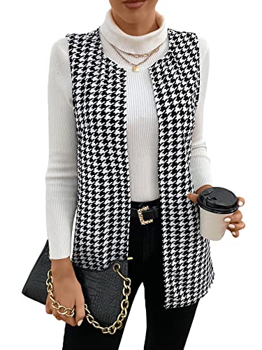 WDIRARA Women's Sleeveless Houndstooth Open Front Elegant Vest Jacket Long Coat