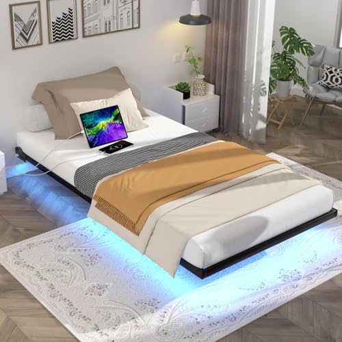 Aelawe Floating Bed Frame Twin Size with LED Lights and Charging Station Metal Platform Bed Easy Assembly No Box Spring Needed