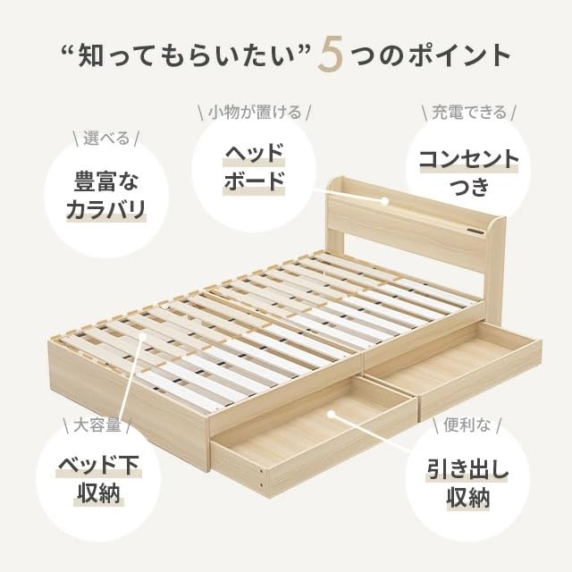 Amazon｜モダンデコ ベッド クイーン 宮棚 収納付き 630L コンセント