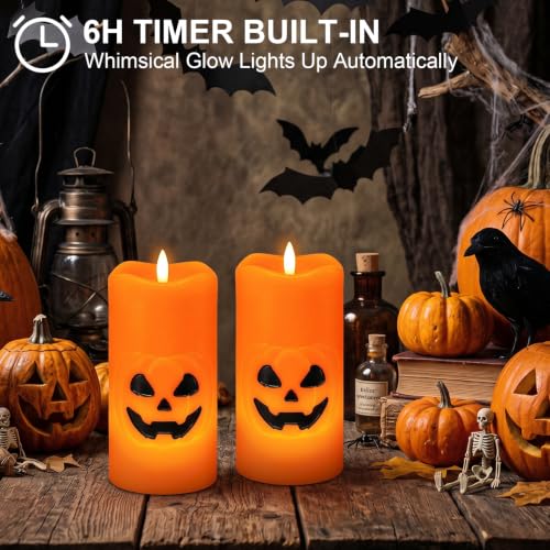 Image of Halloween Pumpkin Flameless Pillar Candles with 6H Timer, 2PCS