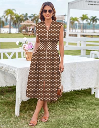 Image of GRACE KARIN Womens Summer Casual Dress, Business Office Work Dresses, Cap Sleeve Zipper Front Flowy Midi Dress with Pockets