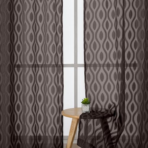 Aiyufeng Sheer Curtains 84 Inches Long 2 Panels Set, Airy Light Filtering Wavy Line Clip Jacquard Window Treatments for Bedroom Living Room, Rod Pocket Curtain Drapes, Brown, Total 80 inches Width