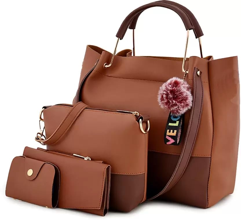Image of Handbag Set for Women 4 Pcs Combo, PU Leather - Sling Bag, Wallet & Card Holder, Large Capacity Ladies Purse Set for Office, Travel, Shopping, College and Daily Carry