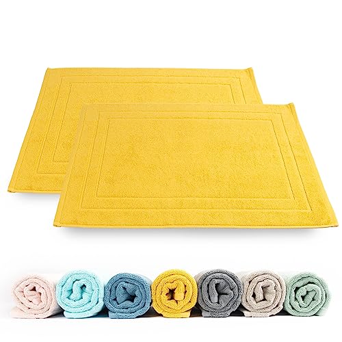 Rinsl Lot de 2 tapis de bain - 100 % coton éponge - 50 x 70 cm - Qualité 700 g/m² - Séchage rapide - Absorbant - Lavable - Jaune ocre