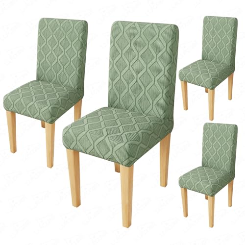 Image of Lukzer Elastic Dining Chair Cover - 4PC Pastel Green Diamond Pattern | Textured High Stretch Jacquard Seat Cover | Removable Washable Short Dining Chair Cover Protector Seat Slipcover | (CC-153-4)