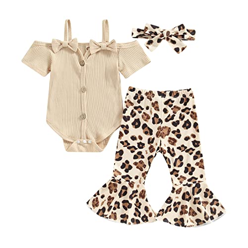 Image of Engofs Newborn Baby Girl Clothes Short Sleeve Romper Flare Pants Headband Set 3Pcs Infant Summer Outfit 0 3 6 12 18 Months