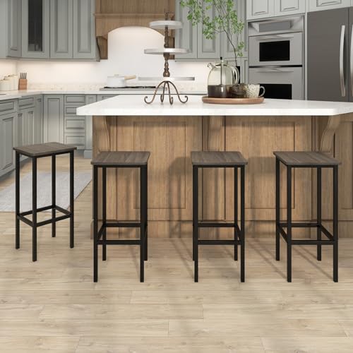 Image of COSTWAY Industrial Bar Stools Set of 4, 26 inch Backless Square Breakfast Bar Chairs with Metal Frame and Footrest, Counter Height Stools for Kitchen Island Dining Room Living Room, Grey
