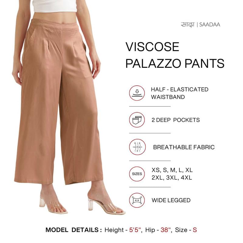 Image of SAADAA Palazzo Pants for Women Half-Elasticated Waistband | Palazzo for Women in Soft Viscose Fabric | Regular Fit with Mid Rise Waist & Deep Pockets | Versatile for Formal & Casual Wear
