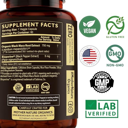 Image of MNO Black Maca Root 50:1 750mg Organic Peruvian Maca, 60 Vegan Capsules | Organic Peruvian maca supplement for men with high potency energy, mood & performance support, vegan and non-GMO formula