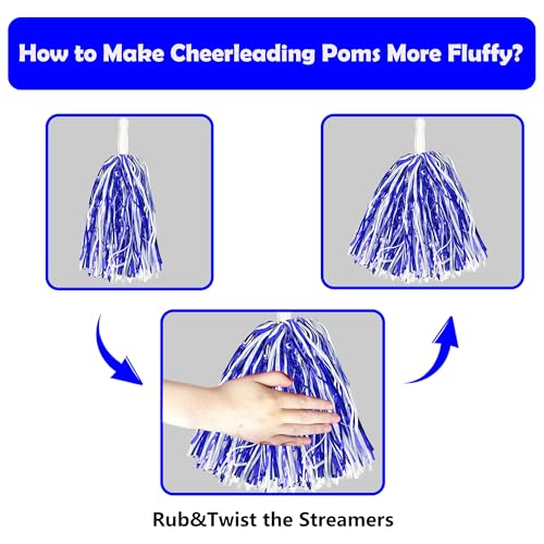 36PCS Cheerleading Pom Poms Metallic Foil Plastic Pom Poms with Baton Handle for Game Sports Squads Dancing Party Football Basketball Club Spirit Sports Stage Performance Celebration (Blue and White)