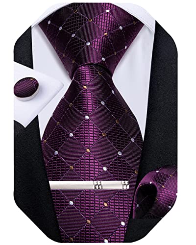 Image of DiBanGu Plaid Ties for Men Silk Checkered Necktie and Pocket Square Cufflinks Tie Clip Set with Gift Box for Wedding Business