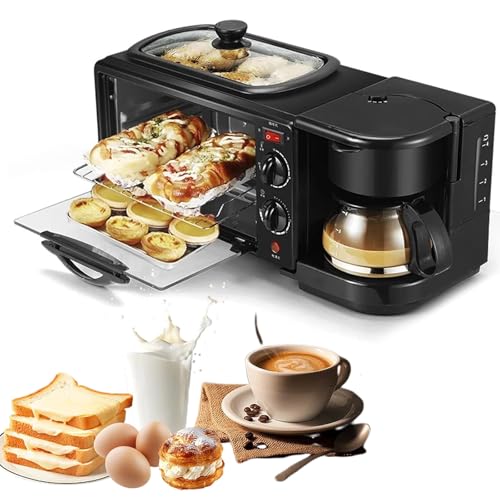Máquina de Desayuno Eléctrica 3 en 1, Estación de Desayuno Multifuncional de 1050 W con Cafetera, Control de Temperatura de 100-230 ° y Temporización de 30 Minutos, Mini Horno para Máquina Black