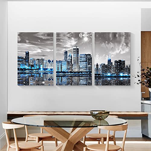 SERIMINO Chicago Skyline Wall Art for Living Room, Modern City Pictures Canvas Wall Decor for Office Bedroom 3 Pieces Set Night Scene Prints Paintings for Home 12"X16"