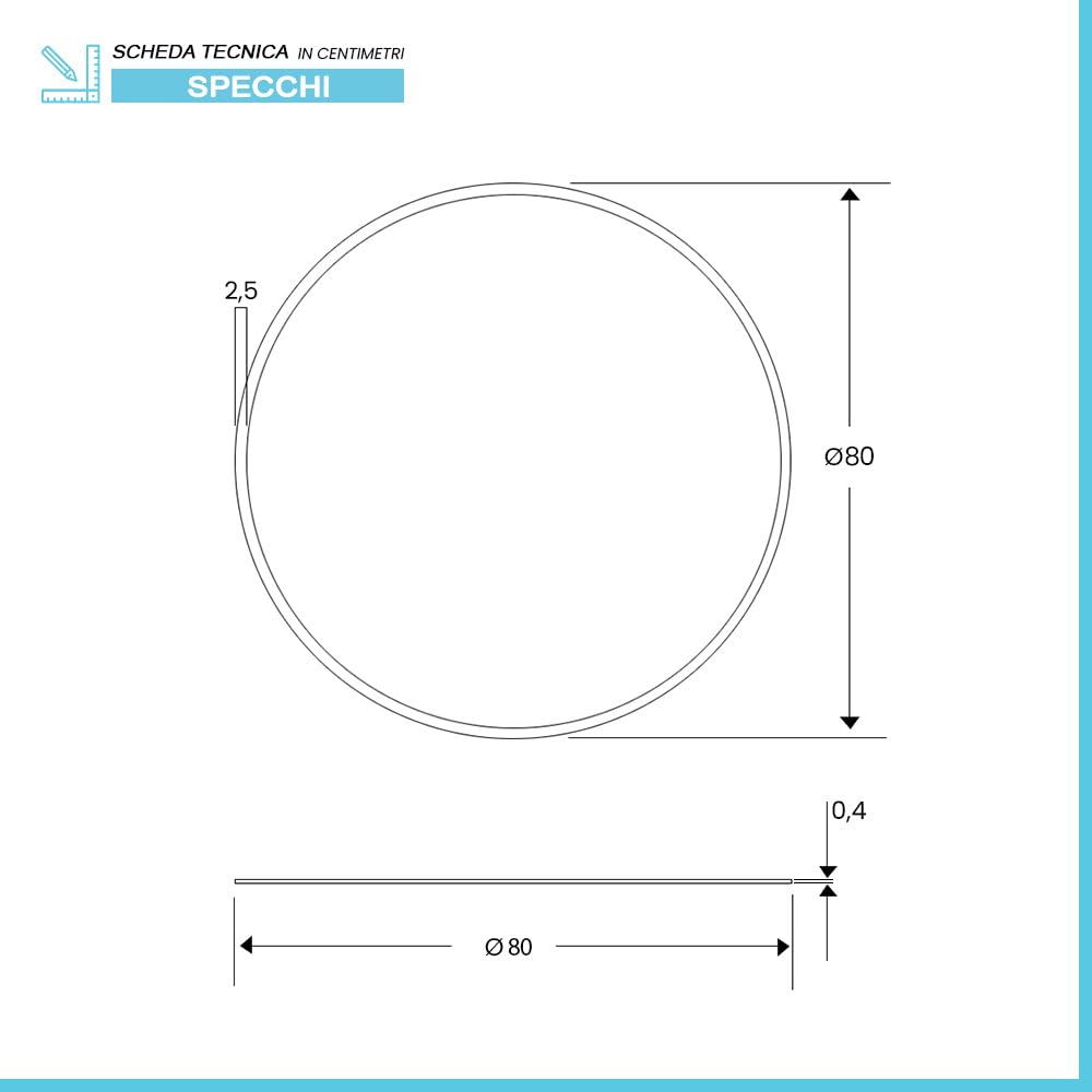 Inbagno Specchio Rotondo Da Parete 80 Cm Reversibile Design Moderno Con Bordo Smussato 2,5 Cm