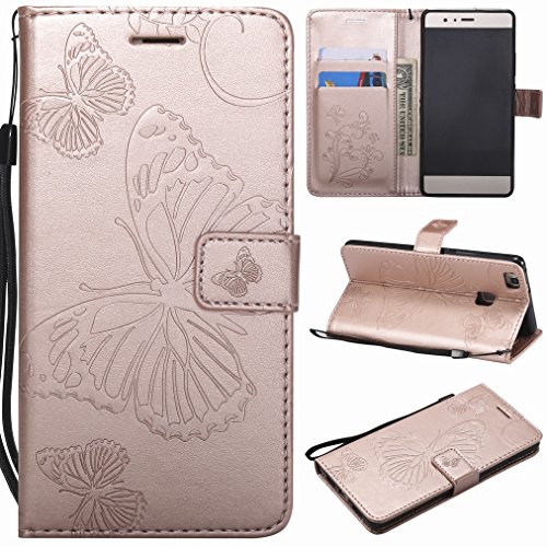 Laybomo Funda para Huawei P9 Lite Carcasa Bolsa Tapa Cuero Billetera Magnética Protector Silicona Suave TPU Flip Cover Funda para Huawei P9 Lite Avec Fente pour Carte, Mariposas (Oro Rosa)