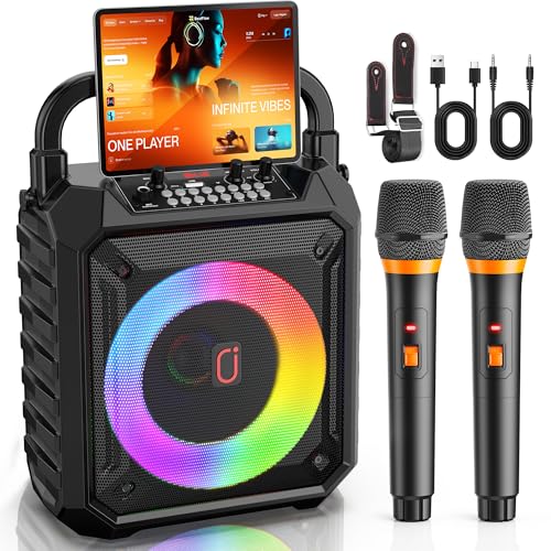 Karaoke Machine with 2 Wireless Microphones For Adults Bluetooth 5.3 Speaker with Dynamic Party Lights & 24-Hour Playtime PA System for Home and Outdoor Parties Supports USB/SD/AUX/TV Connection