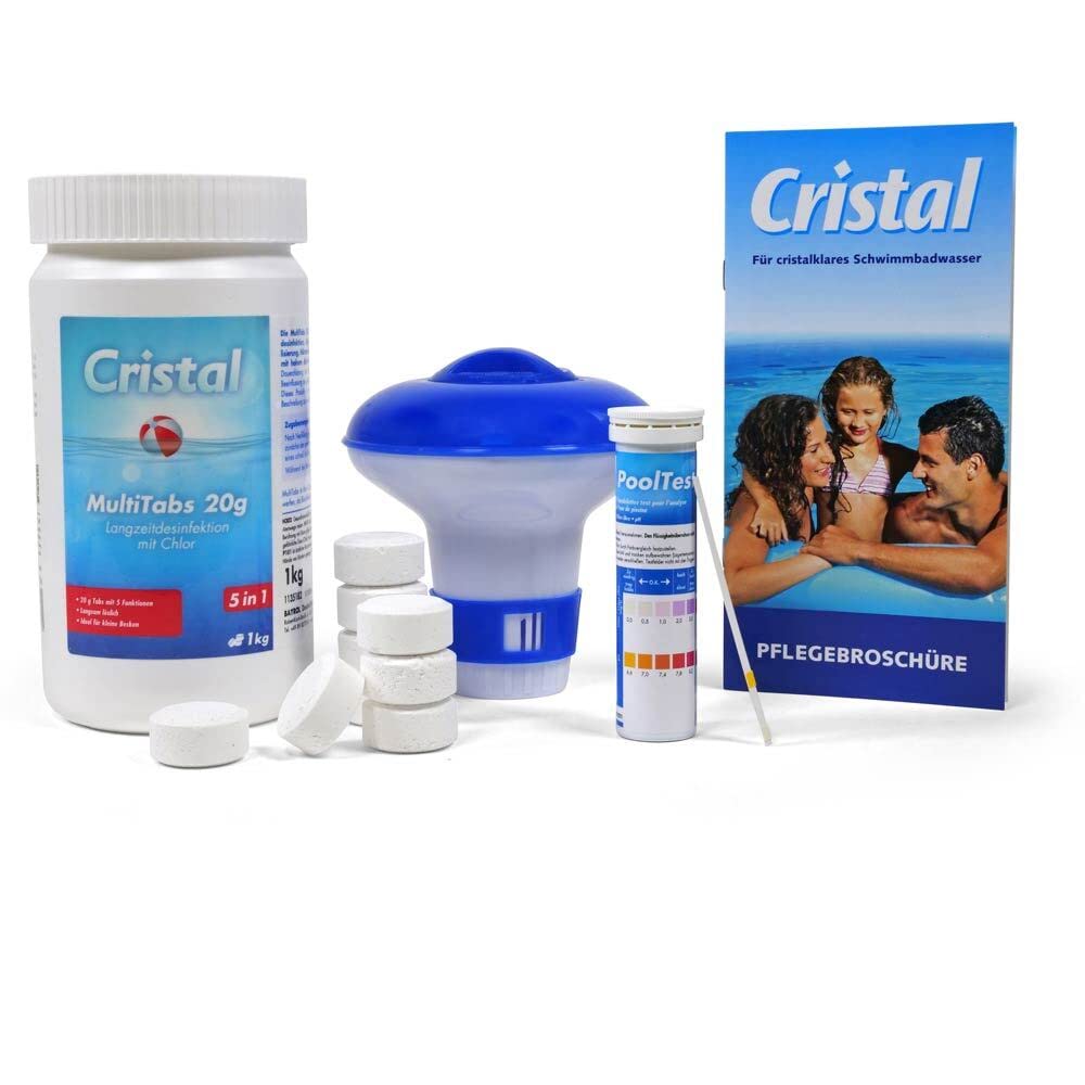 Cristal Pool e-Chlor Set - 5 in 1 Chlor MultiTabs - Dosierschwimmer - Teststreifen pH-Wert + Chlor 50 x - Langzeitdesinfektion - Trübungsentfernung