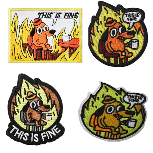 4 Stück This is Fine Dog Patches Stickerei Taktische Kreativ Hunde Emblem Bestickt Abzeichen Hook and Loop Patches Applikationen Taschen Hosen Hemden Mützen Uniformen Rucksack Kleidung Jacken