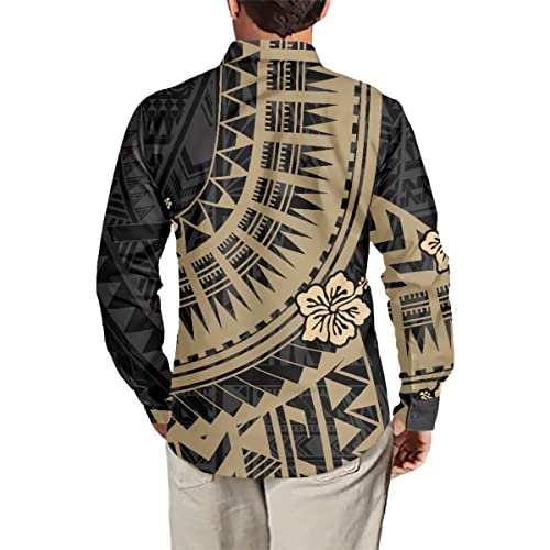 Mens Polynesian Tribal Print Casual Long Sleeve Button Down Aloha Hawaiian Dress Shirt3