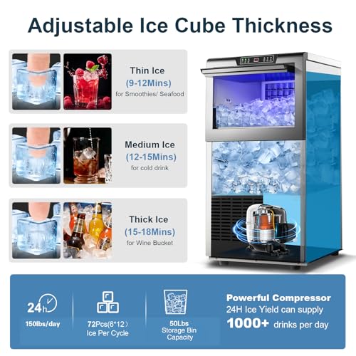 Image of Commercial Ice Maker Machine 150lbs /24H Under Counter /Freestanding | 50lbs ice storage, self-cleaning, LED digital display, blue light, for home bar and restaurant