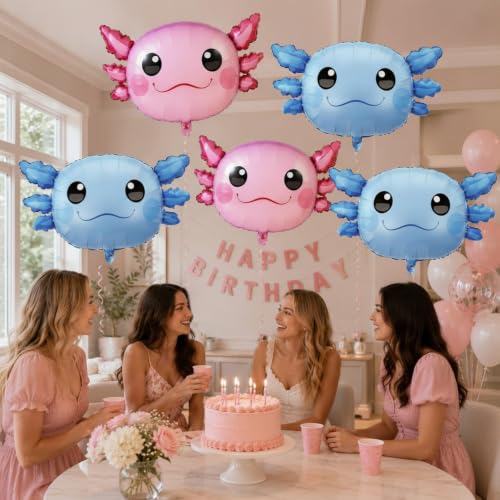 Image of 12 Pcs 34 Inch Axolotl Balloon Axolotl Birthday Party Decorations Aluminum Foil Inflatable Summer Supplies for Beach Themed Favor (Pink,Blue)