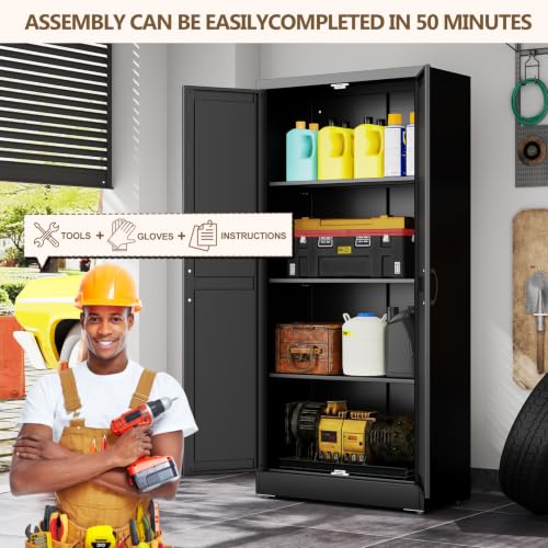 Image of Black Metal Storage Cabinet, 67 inch Kitchen Pantry Cabinets for Office | Steel Kitchen Pantry Storage with Doors and 3 Adjustable Shelves, Metal Tool Cabinet, for Office, Home, Garage, School