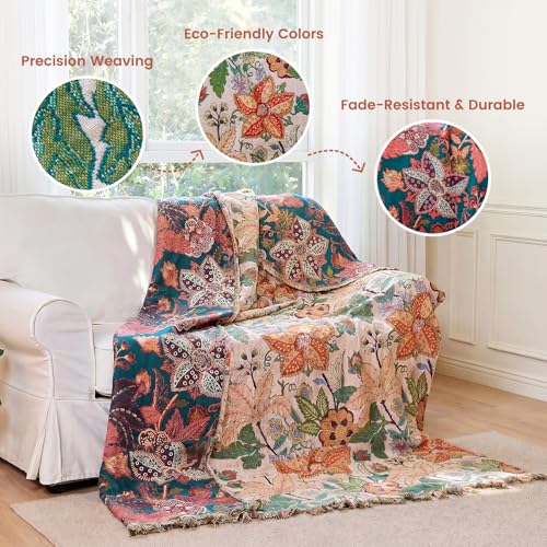 Image of MSGKV Boho Throw Blanket 60 inchx80 inch Fall Cotton Floral Blanket for Twin