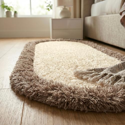 Image of Shaggy Runner, Polyester Rug, Hallway Carpet, Bedside Runner, Plush Area Rug, high Pile Rug, 2 inch Pile, Fluffy Floor mat. - (1.5x4 feet, Ivory /Beige, Oval)