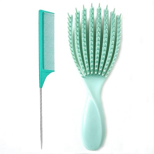 Lilitang 2-Pack Rat Tail Comb and Curling Brush for Wet and Dry Hair, Easily Comb Curls, Straight Hair, Reduce Breakage, Eliminates Knots,Painless Combing, Curling Brush for Men,Women (Green)