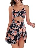 ZAFUL Women Floral One Piece Swimsuit with Skirt Tummy Control Bathing Suit Slimming Swim Dress Modest Swimwear Push Up Cut Out V Neck Swimdresses 2023 Trendy Cute Tie Knot Monokini Orange Floral M