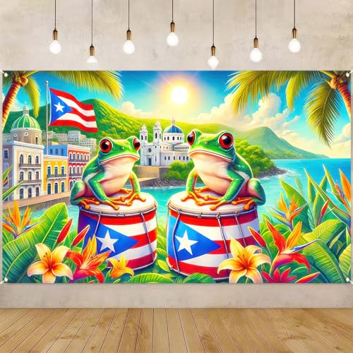 Image of BlissYard Puerto Rico Banner 71 x 43 Inches Tropical Frog Drum Flag Backdrop Puerto Rican Culture Caribbean Festival Party Decoration Wall Hanging for Fiesta Parade Home Outdoor Decor