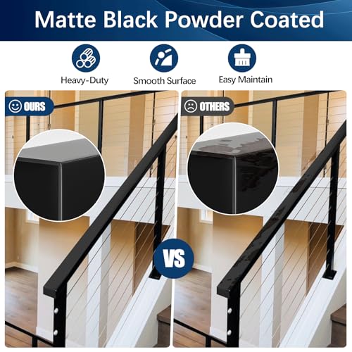 Image of 6'6 inch Black Cable Railing Handrail, 2 Pack Stainless Steel T304 Cuttable Rectangular Flat Top Rail with Plastic End Cap for Indoor Outdoor Deck Stair Cable Railing System DIY Balustrade