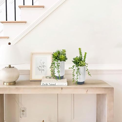 Miniatura 4 de Hollyone Juego de 2 plantas suculentas artificiales de 9 pulgadas, plantas suculentas falsas en maceta de cerámica, plantas suculentas para