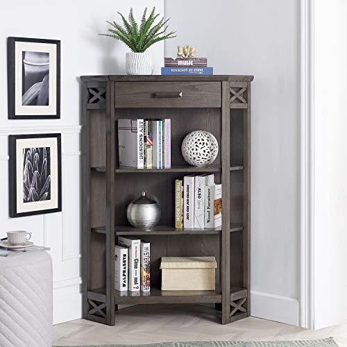 Image of Leick Home 84263 Mantel Height 3-Shelf Corner Bookcase with Drawer Storage, Gray Oak