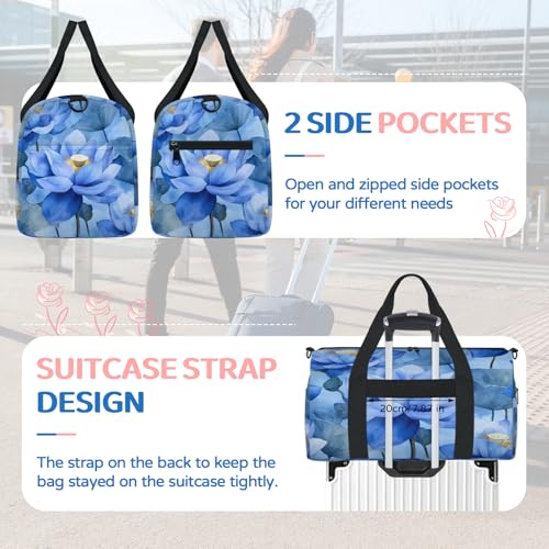Lotus Travel Duffle Bag Sports Yoga Weekender Overnight Workout Bags Blue Floral Lightweight Waterproof Gym Tote Bag for Women4