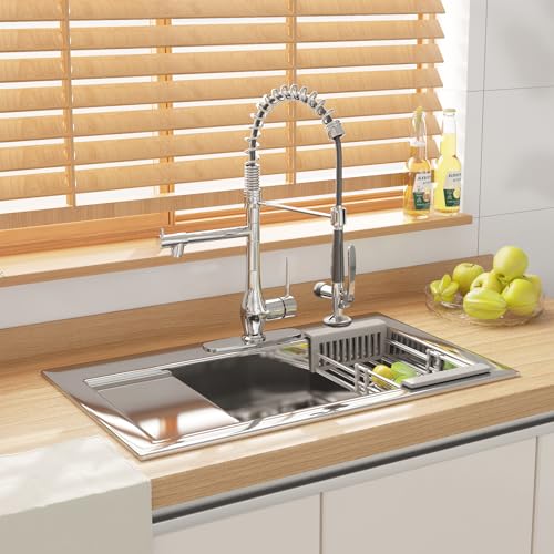 Image of GIMILI Chrome Kitchen Faucet with Pull Down Sprayer, Single Handle High Pressure Kitchen Sink Faucet, Commercial Double-Headed Stainless Steel Kitchen Faucets Sink with Deck Plate