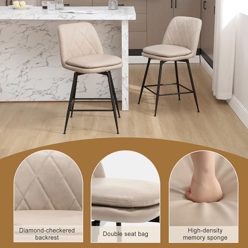 Image of Swivel Bar Stools Set of 2, Swivel Counter Height Bar Stools Set with Metal Legs and Upholstered Faux-Leather Seats, Modern Bar Stool with Back for Kitchen Island (A26 H, Beige)
