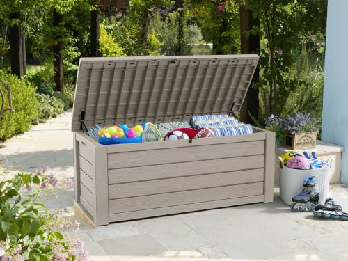 Image of Keter Westwood 150 Gal Outdoor Storage Box for Patio and Pool Accessories | Beige, Resin, Large, Weatherproof, Lockable, Hydraulic Pistons, Easy Assembly, Organization, Patio Cushions Storage