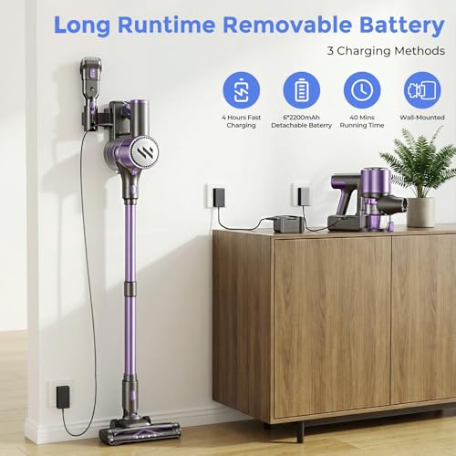 Image of Vacuum Cleaners for Home,Cordless Vacuum Cleaner,Lightweight Stick Vacuum Cordless Rechargeable,Self-Standing Design,LED Touch Screen,Vacuum for Hardwood Floors,Carpet,Pet Hair(Mulberry Purple)