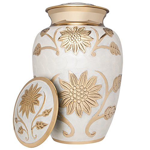 White and Gold Flower Funeral Urn by Liliane Memorials - Cremation Urn for Human Ashes - Brass- Suitable for Cemetery Burial or Niche- Large Size for Adults up to 200 lbs - Rose Lisette
