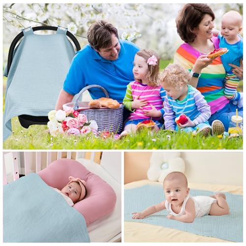Image of SERAPHY 100% Muslin Cotton Car Seat Cover Baby, Universal Carseat Covers, Breathable Baby Car Seat Canopy for Boys Girls, Soft Infant Car Seat Cover for Summer -Blue