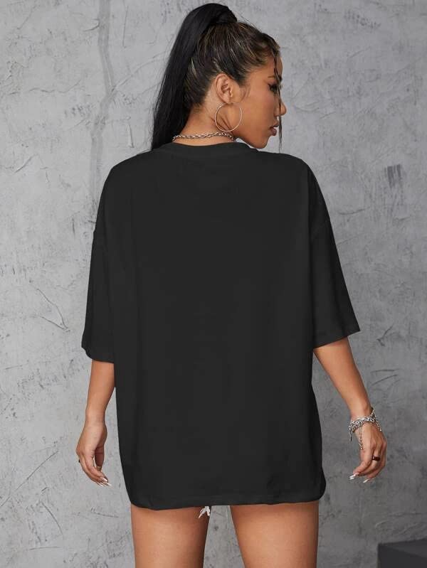 Image of MyTees Pure Cotton Oversized T Shirts for Women Casual Printed Baggy Oversized Round Neck Drop Shoulder Tshirt Black T-Shirt Size S to XL