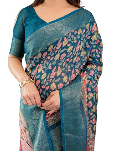 Image of ALMAARI FASHION Handloom Cotton Saree, Teal Blue with Pink-Yellow Floral Print, Silver Zari Border, 5.5 Metres